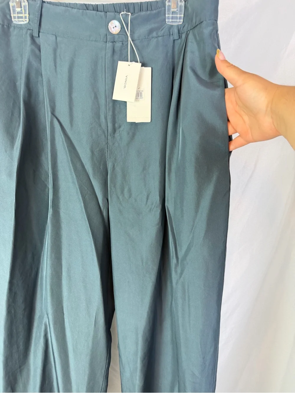 Vince 100% Silk Slate Teal Trousers Size 14 NWT Quiet Luxury Loose Fit Leg Pants - Picture 7 of 10